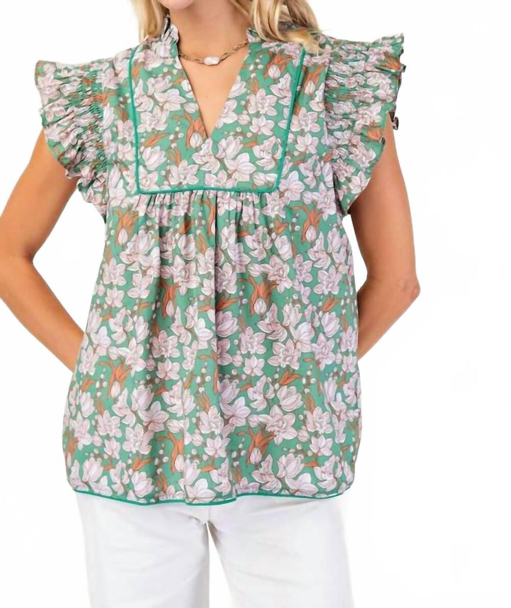 NEW GIGIO kelly top with piping trim details in green floral print